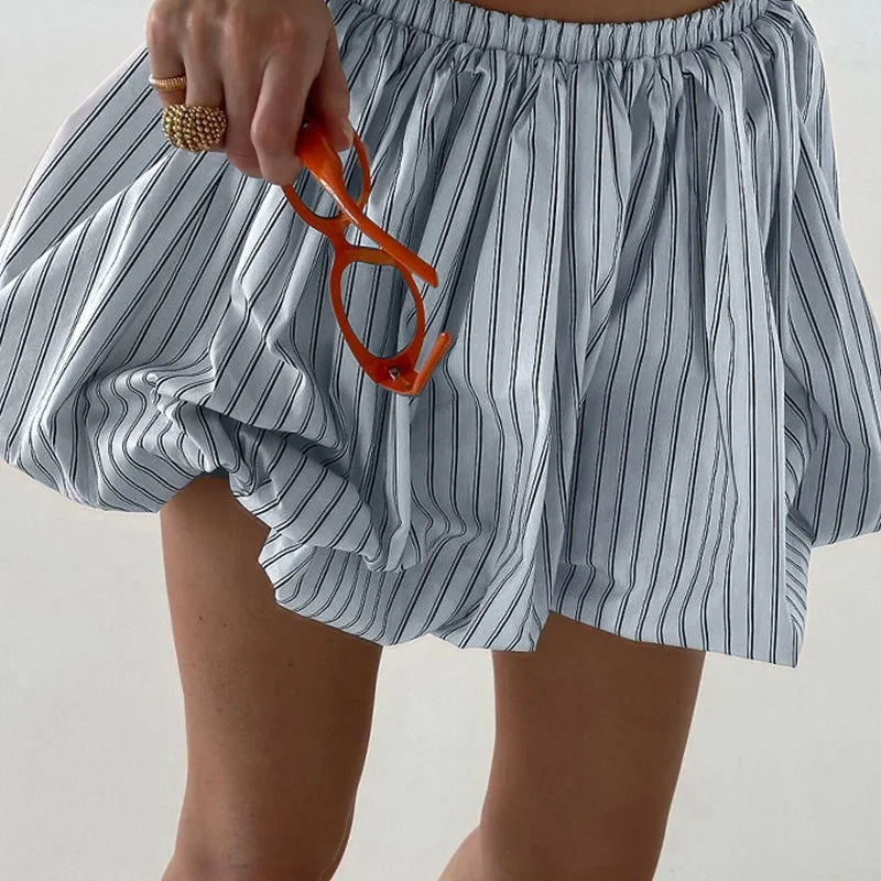 Striped Pleated High Waist Mini Skirt – French Summer Fluffy Skirt 2025