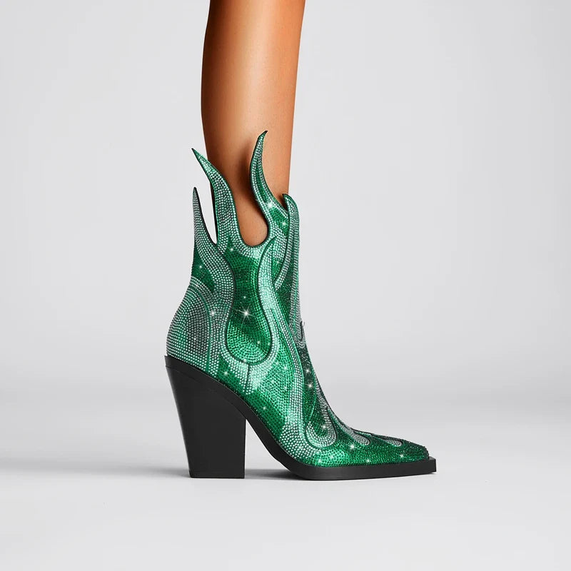 FLAME SHAPE SHORT BOOTS THICK HEEL with CRYSTALS