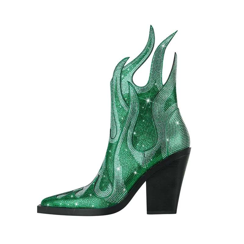 FLAME SHAPE SHORT BOOTS THICK HEEL with CRYSTALS
