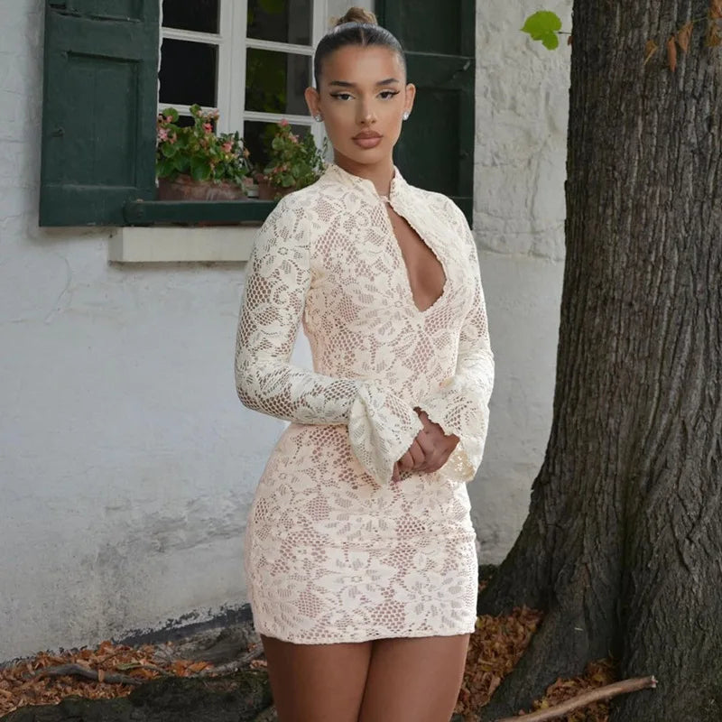 LACE HOLLOW OUT LONG SLEEVE MINI DRESS