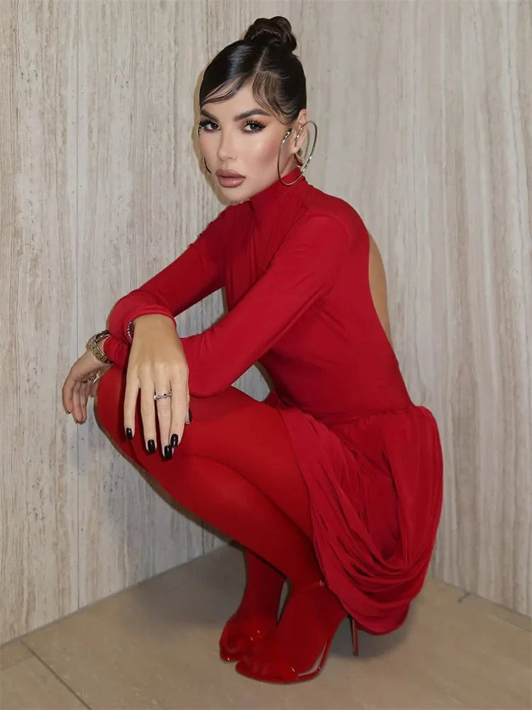 BACKLESS PLEATED LONG SLEEVE DRESS