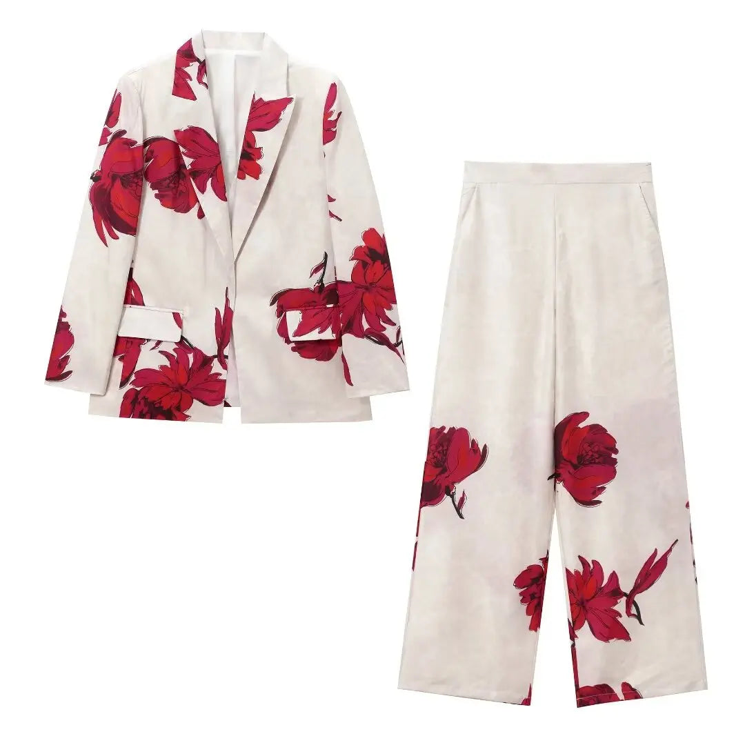 PRINT RED FLOWER BLAZER and PANTS SUIT