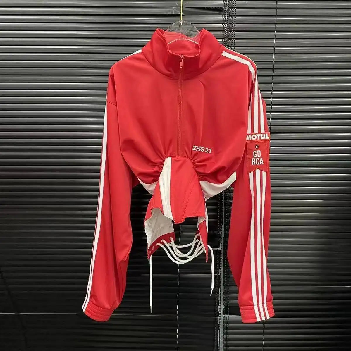 Women’s Long Sleeve Zipper Shirt with Corset Lace-Up Waist – Slim Fit Streetwear Jacket