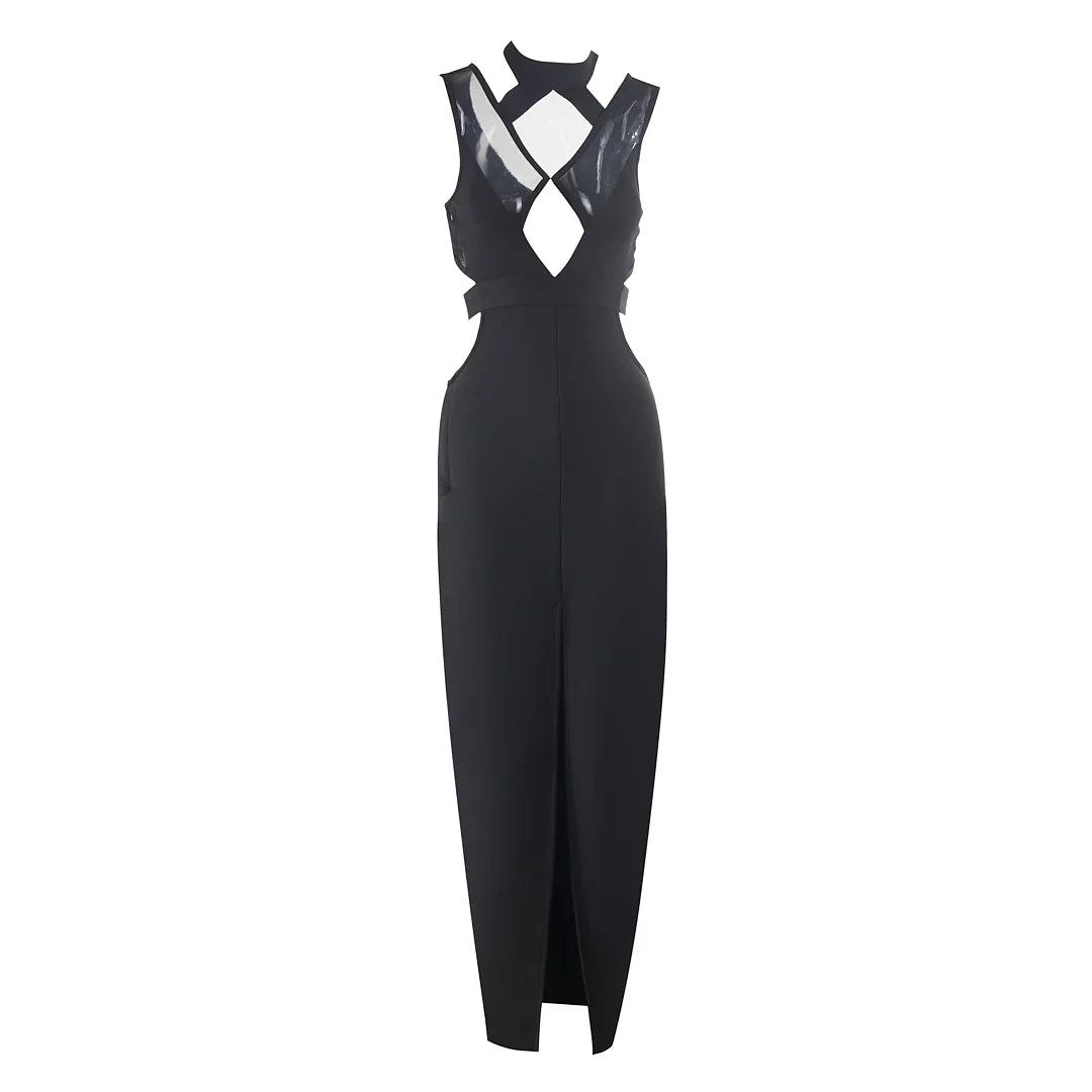 MESH HOLLOW OUT BANDAGE MAXI DRESS