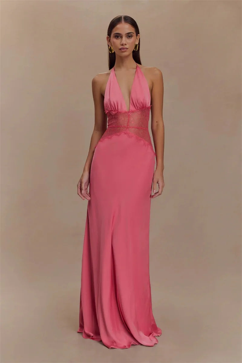 Elegant Backless Halter Maxi Dress with Lace Waist – Deep V Neck Sleeveless Summer Gown