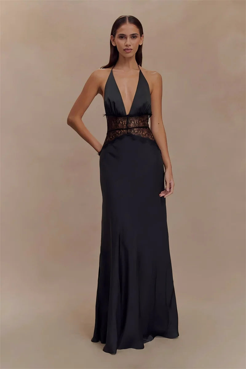 Elegant Backless Halter Maxi Dress with Lace Waist – Deep V Neck Sleeveless Summer Gown