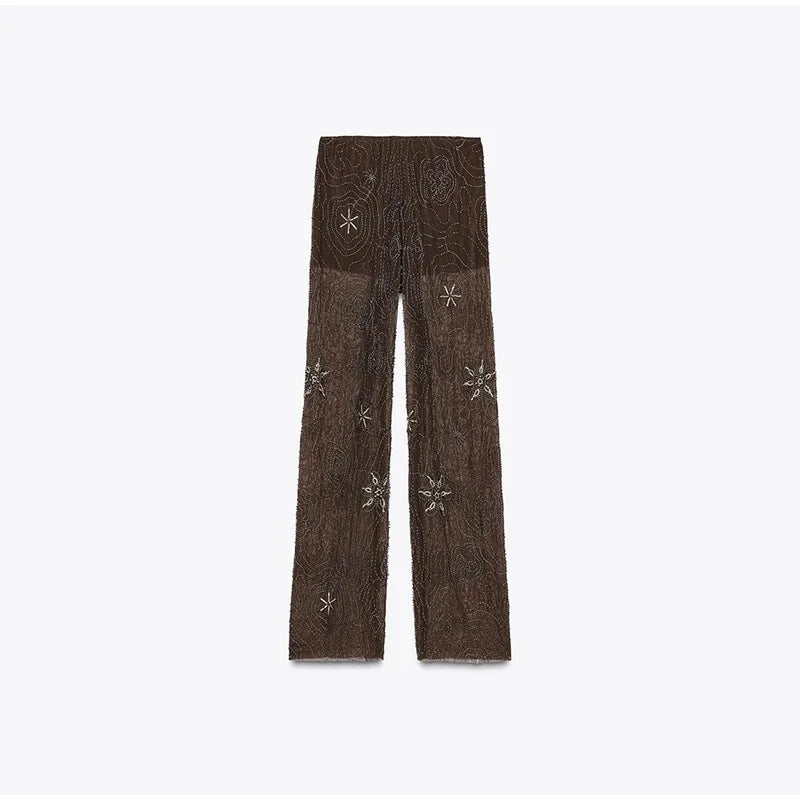 EMBOINED BROWN SEQUIN PANTS