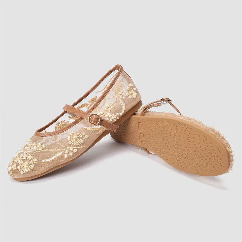 Embroidered Mesh Ballet Flats – Beaded Mary Jane Shoes with Pearl Details for Women