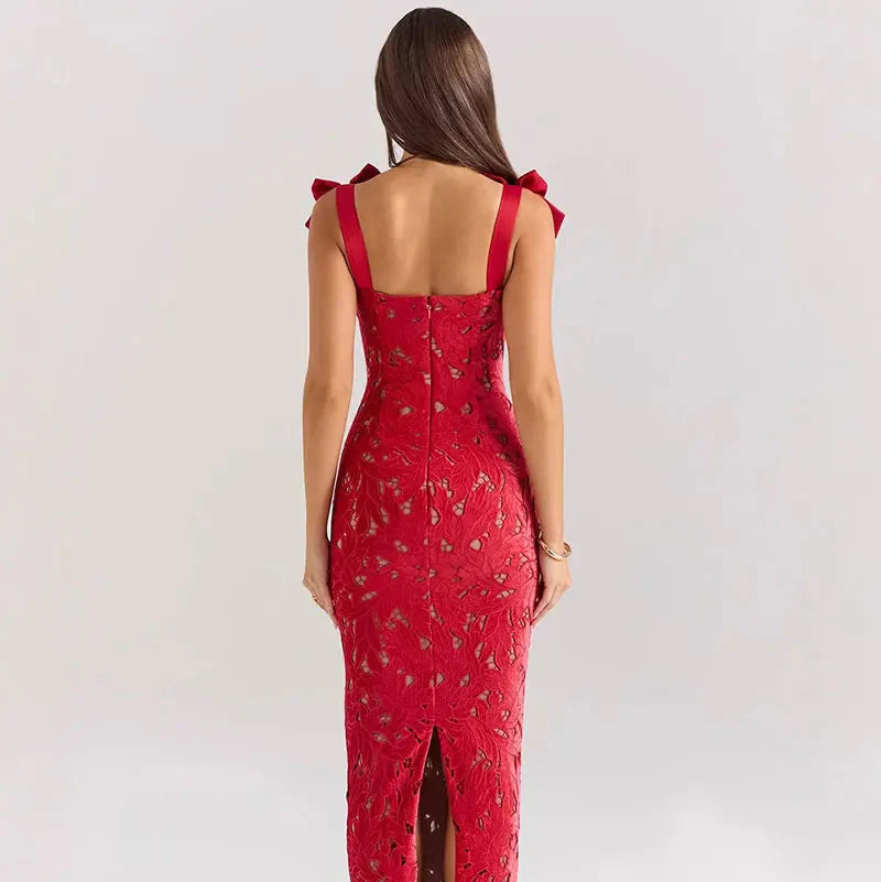 BOWS STRAPS LACE MAXI DRESS