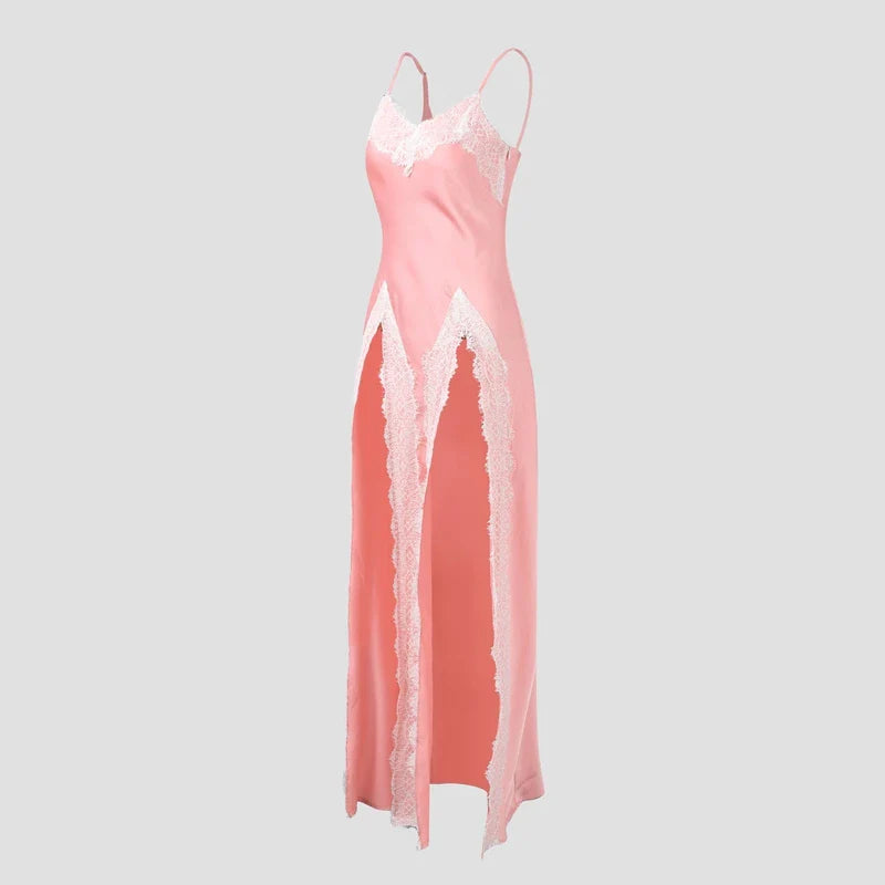 PINK LACE SATIN HIGH SLITS DRESS