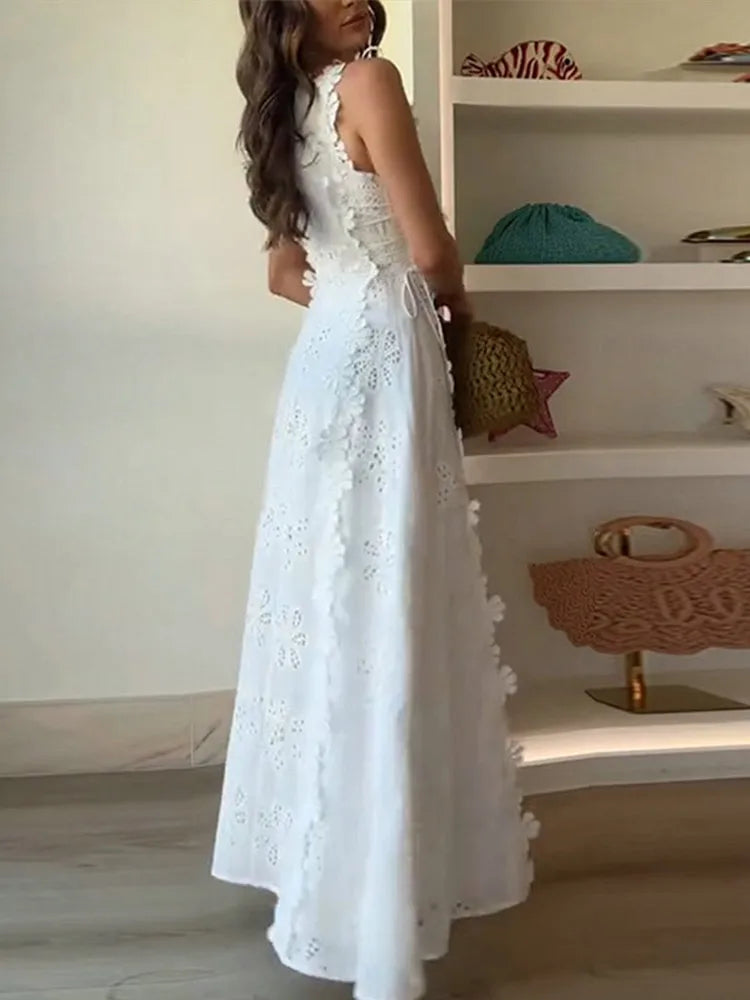 White Sleeveless Embroidered Midi Dress with Lace-Up Waist – Summer 2025 Elegant Floral Dress