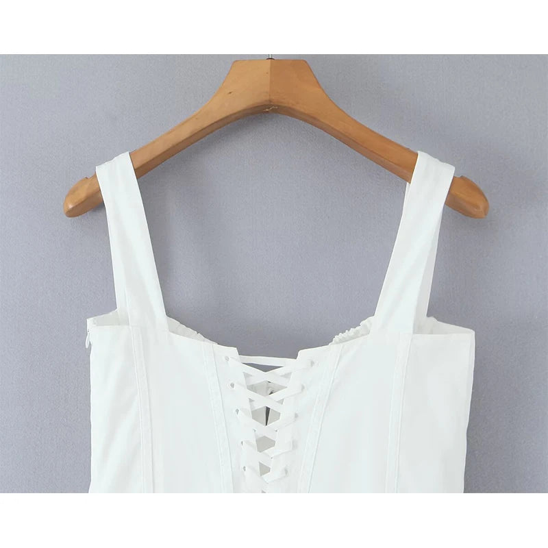 Elegant White Corset Midi Dress – A-line Cotton Summer Dress with Lace-Up Back