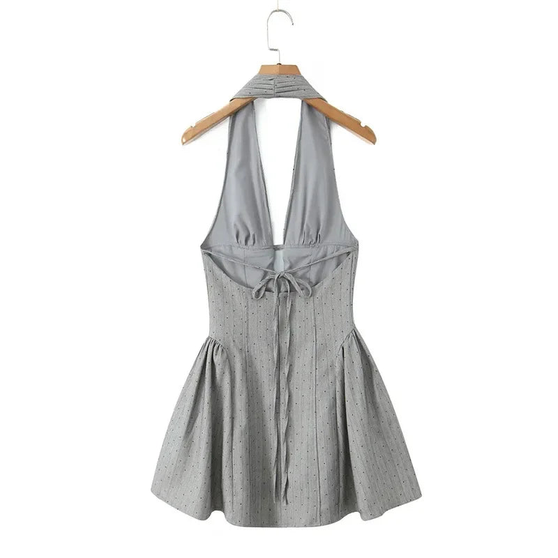 Sexy gray V-neck halter mini dress