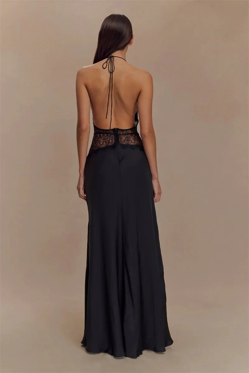 Elegant Backless Halter Maxi Dress with Lace Waist – Deep V Neck Sleeveless Summer Gown