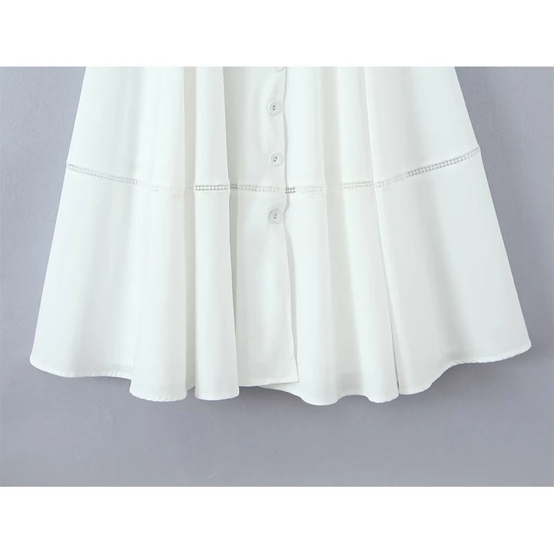 Elegant White Corset Midi Dress – A-line Cotton Summer Dress with Lace-Up Back