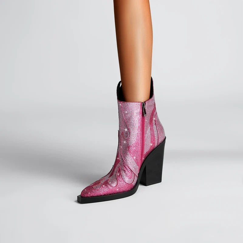 FLAME SHAPE SHORT BOOTS THICK HEEL with CRYSTALS