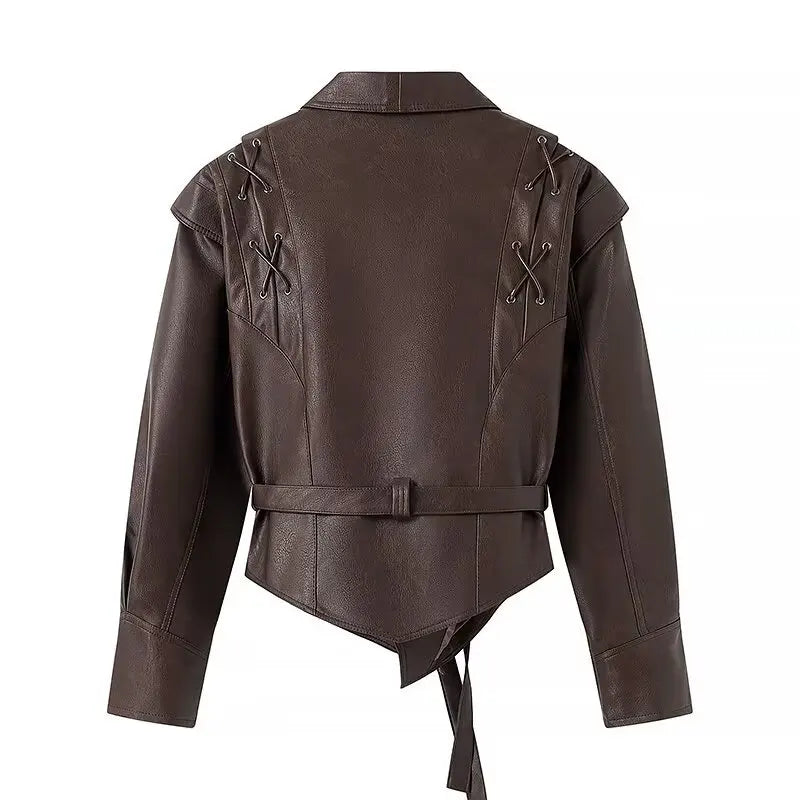 Chic Faux Leather Jacket for Women – Belted PU Coat with Dropped Shoulders