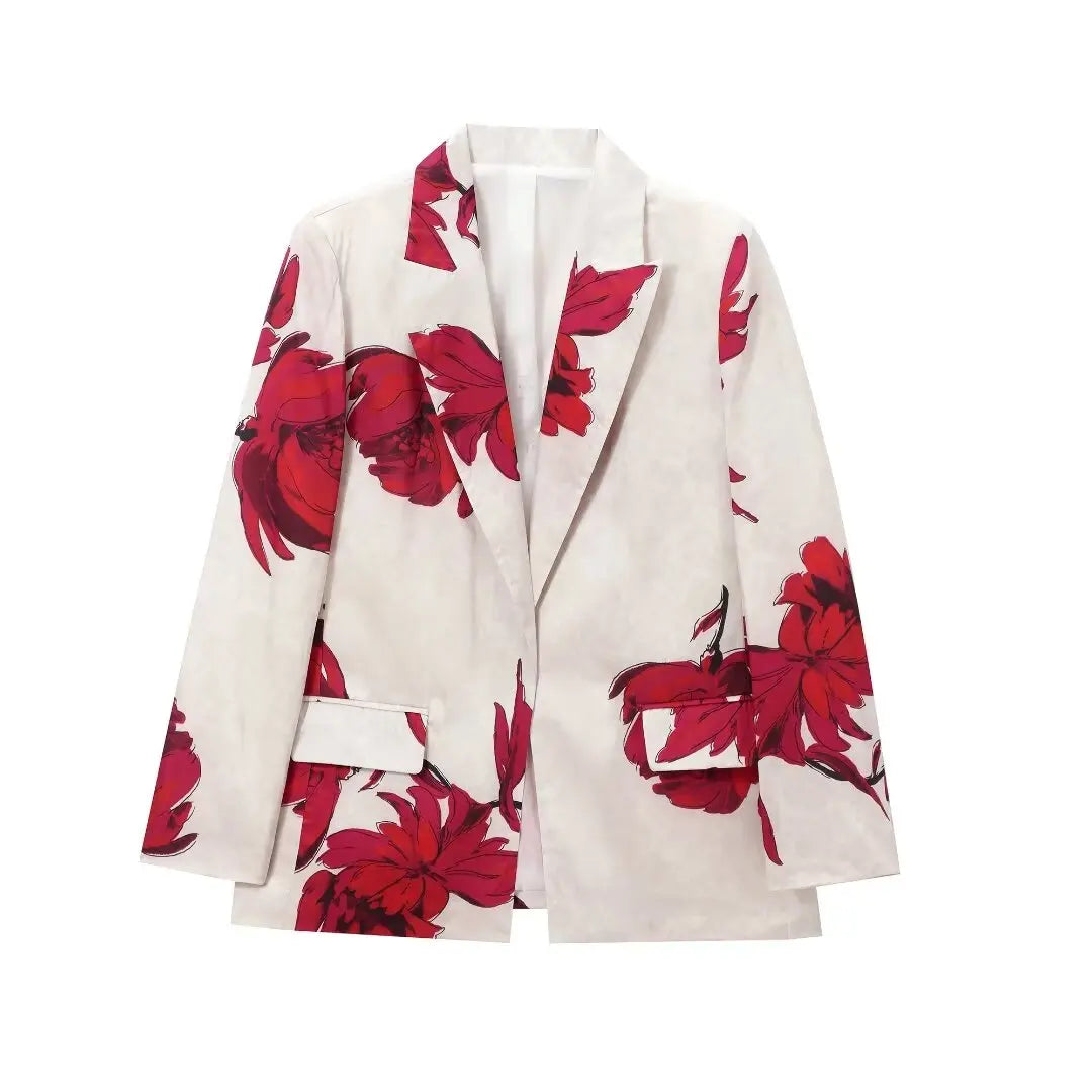 PRINT RED FLOWER BLAZER and PANTS SUIT