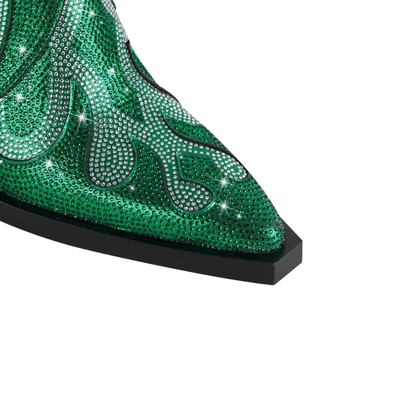 FLAME SHAPE SHORT BOOTS THICK HEEL with CRYSTALS