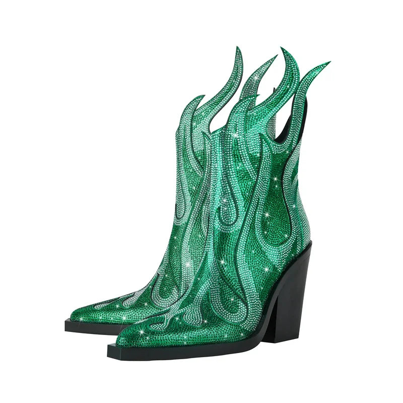 FLAME SHAPE SHORT BOOTS THICK HEEL with CRYSTALS