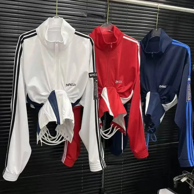 Streetwear fashion women’s shirt with bandage detail and zipper