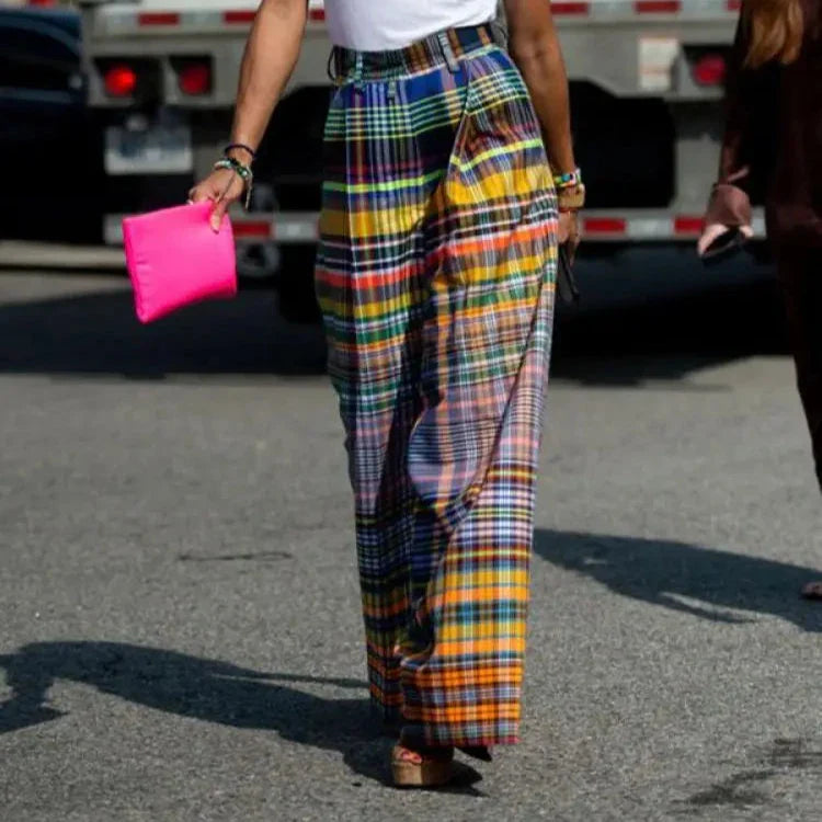 MULTI-COLORED PLAID HIGH WAIST PANTS