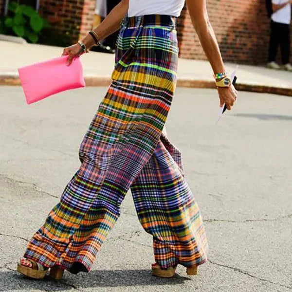 MULTI-COLORED PLAID HIGH WAIST PANTS