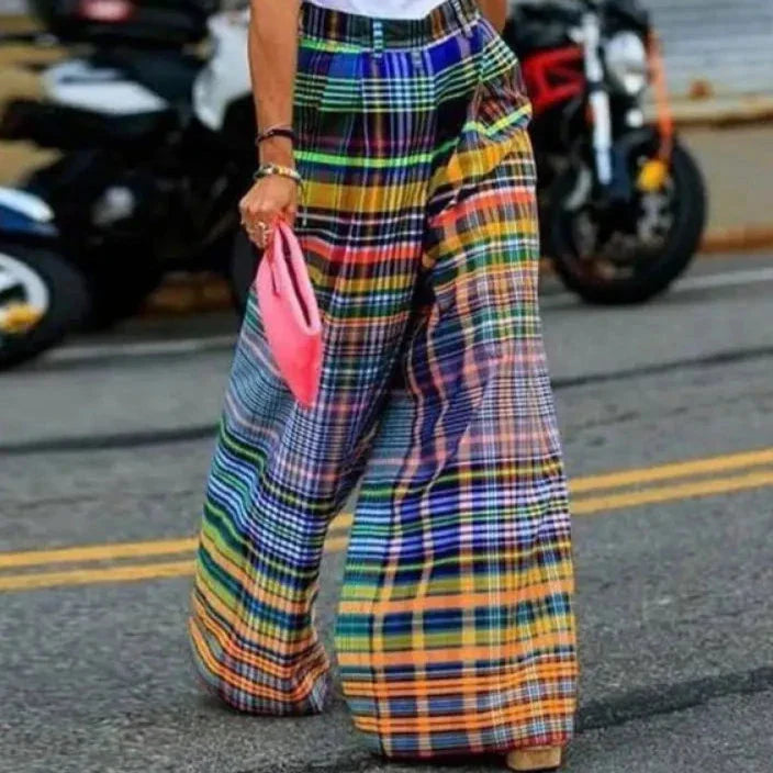 MULTI-COLORED PLAID HIGH WAIST PANTS