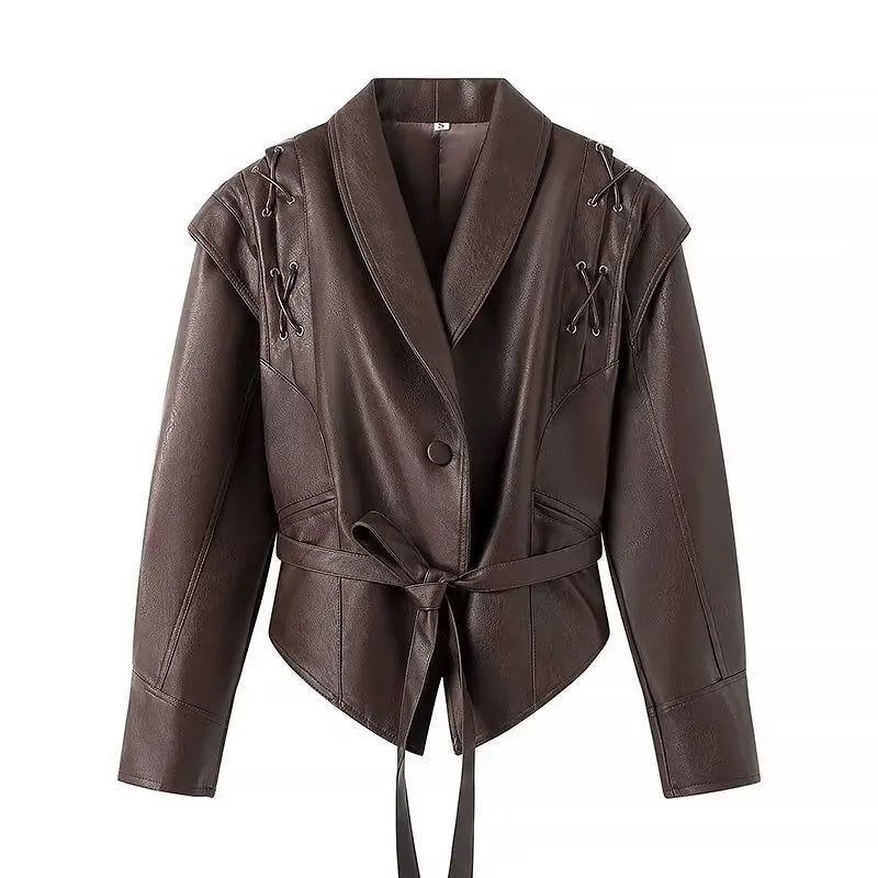 Brown leather jacket with a tie waist on a white background
