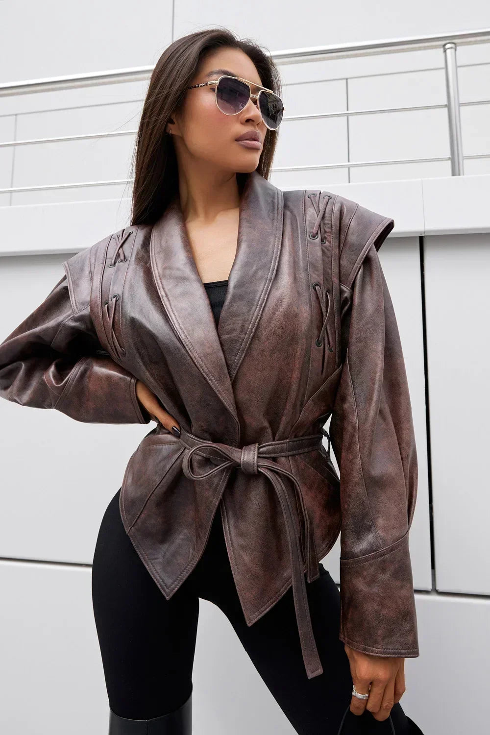 Women’s autumn PU coat with dropped shoulders and elegant design