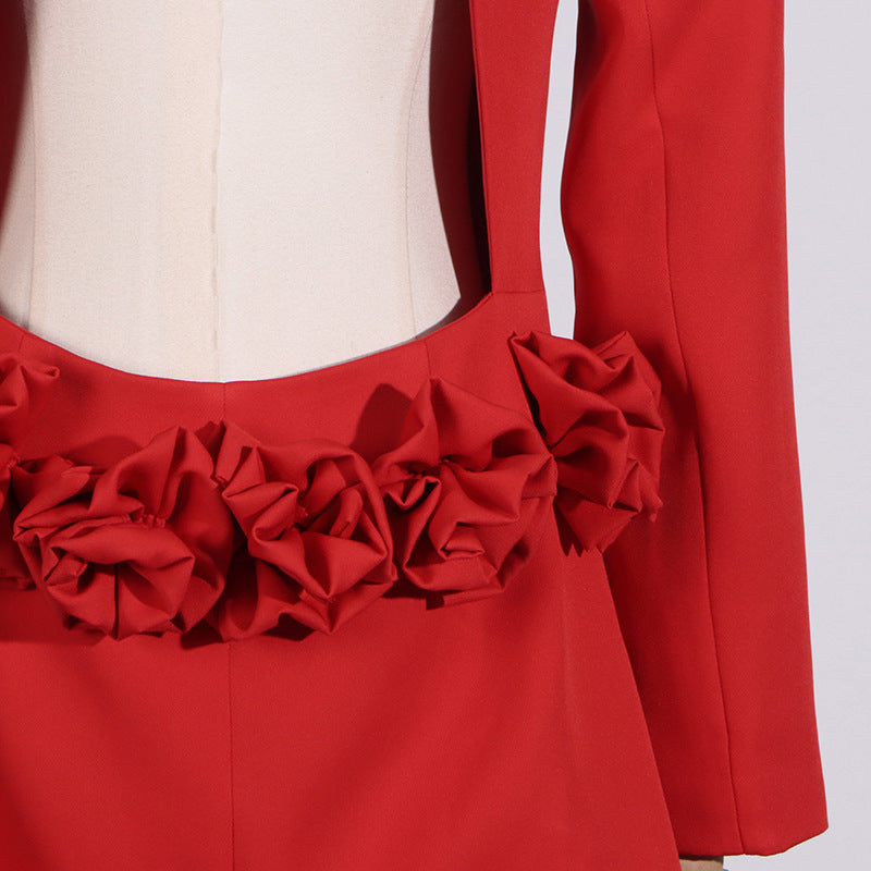 BACKLESS LONG SLEEVE MINI DRESS decorated with FLOWERS