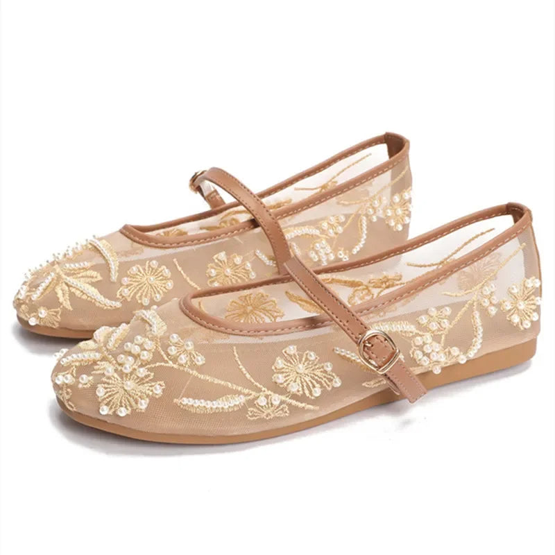 Embroidered Mesh Ballet Flats – Beaded Mary Jane Shoes with Pearl Details for Women