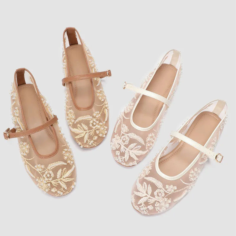 Beige white embroidered mesh ballet flats with pearl bead details and Mary Jane strap.