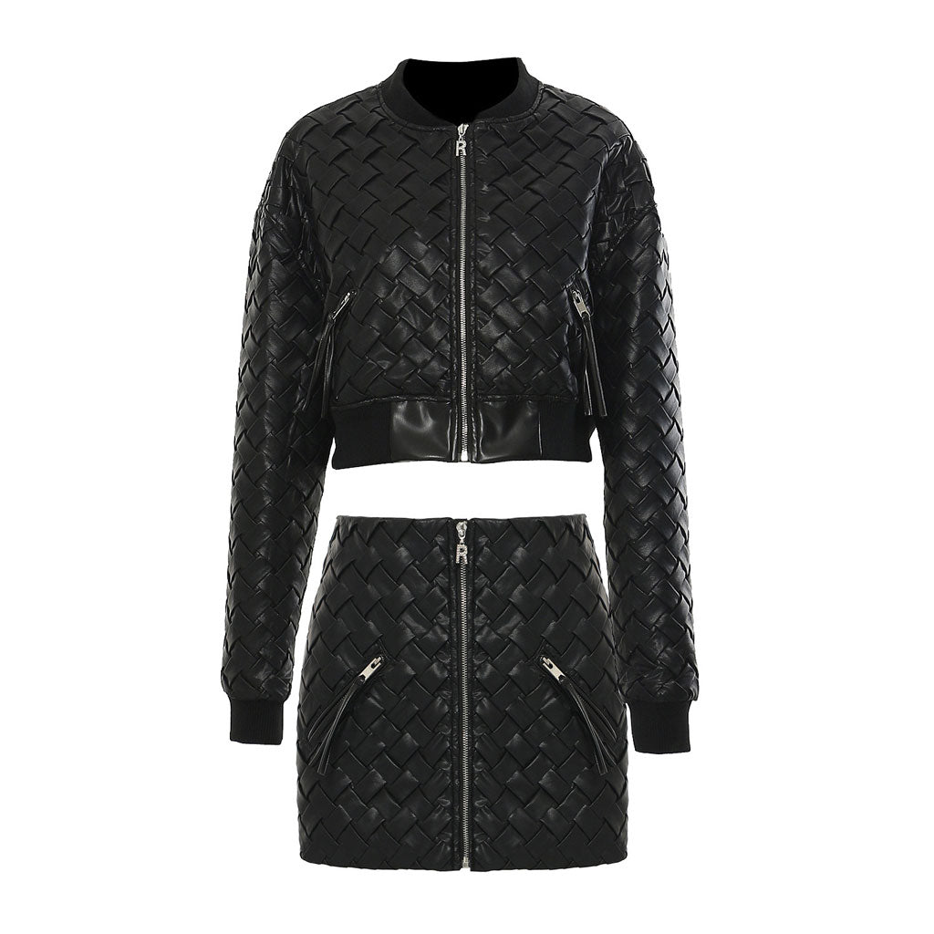 Biker Zip Up Vegan Leather Braided Crop Bomber Jacket Matching Set