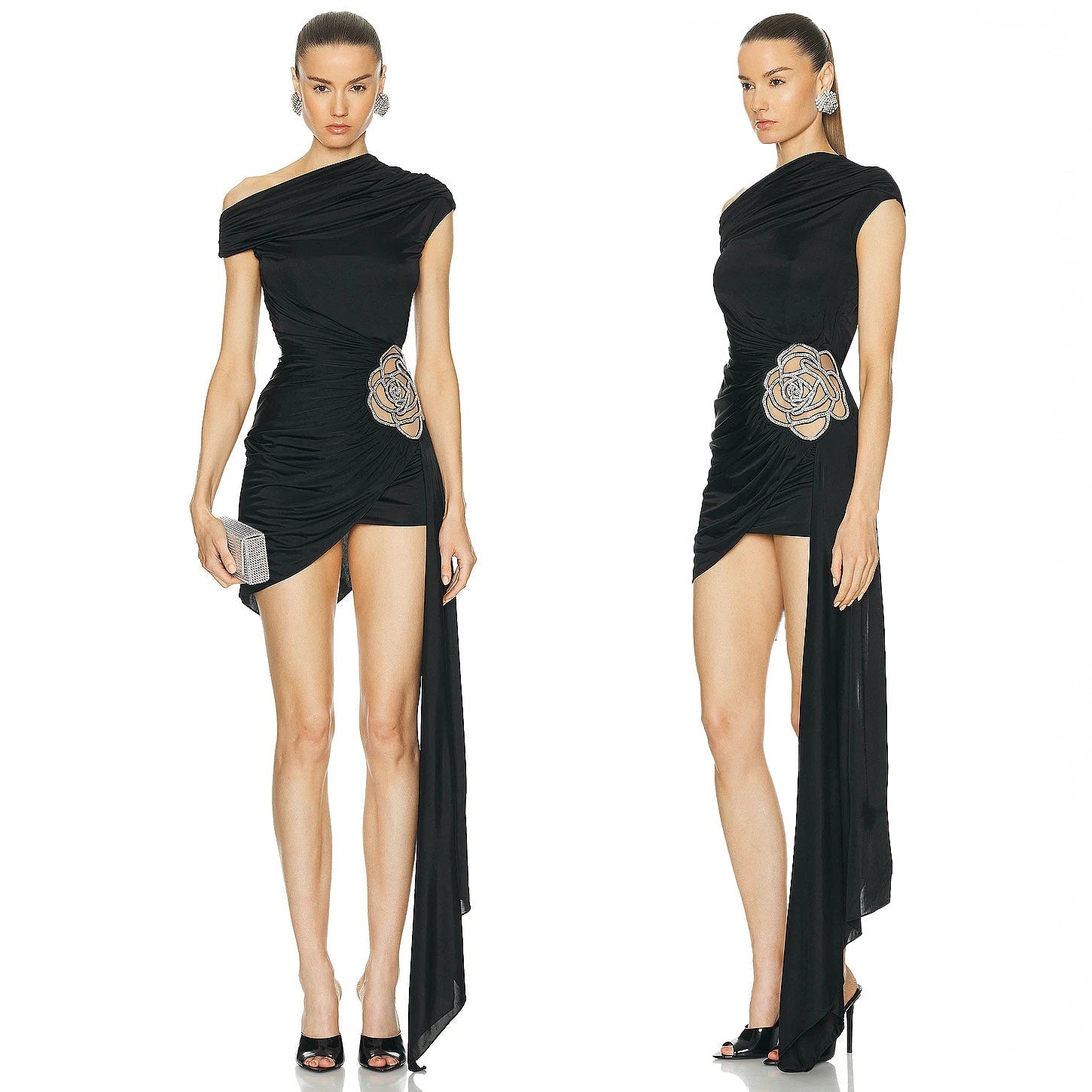 black mini dress with side train Elegant Black Strapless Ruched Mini Dress with Sheer Side Train S