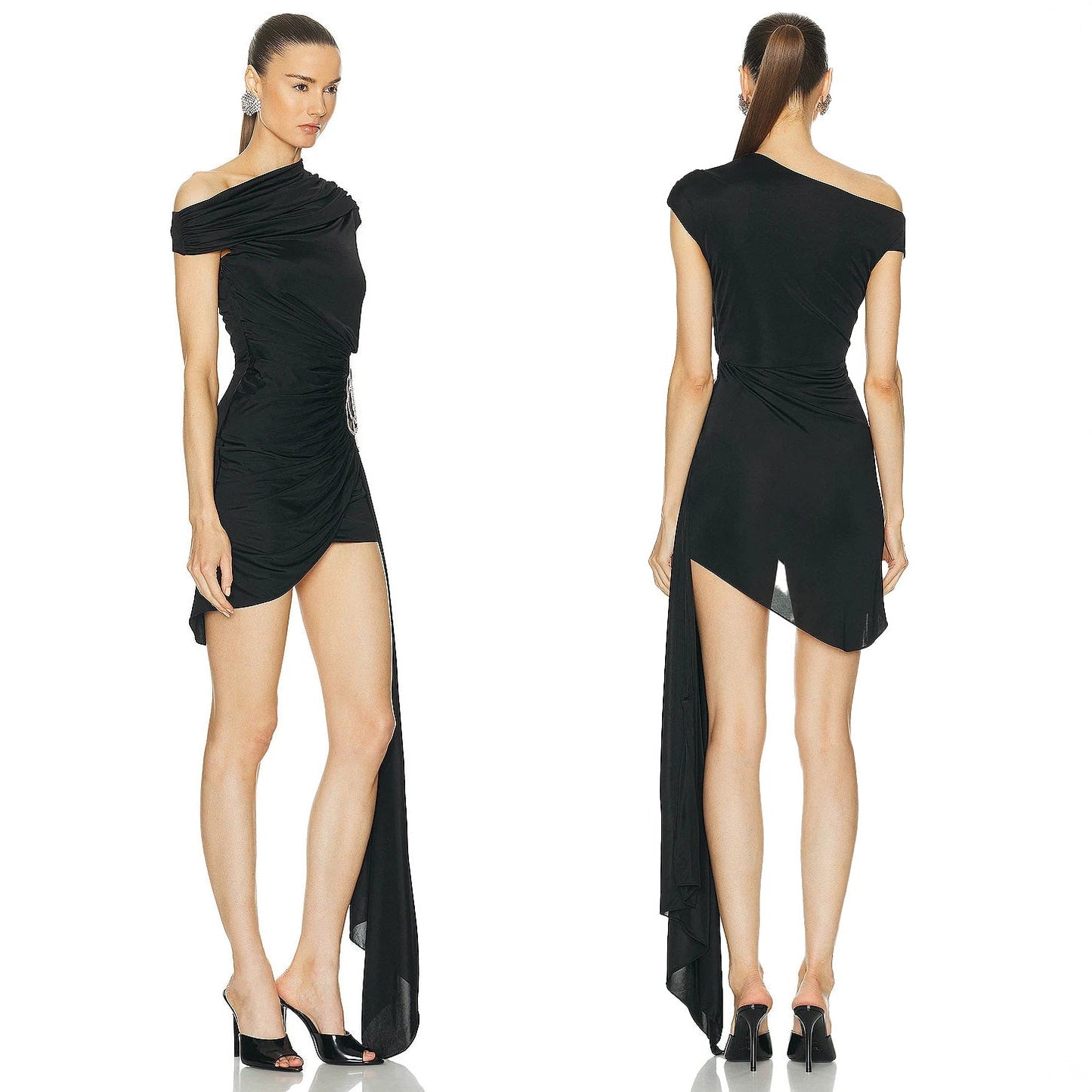 ONE SHOULDER BLACK MINI DRESS with SIDE TRAIN