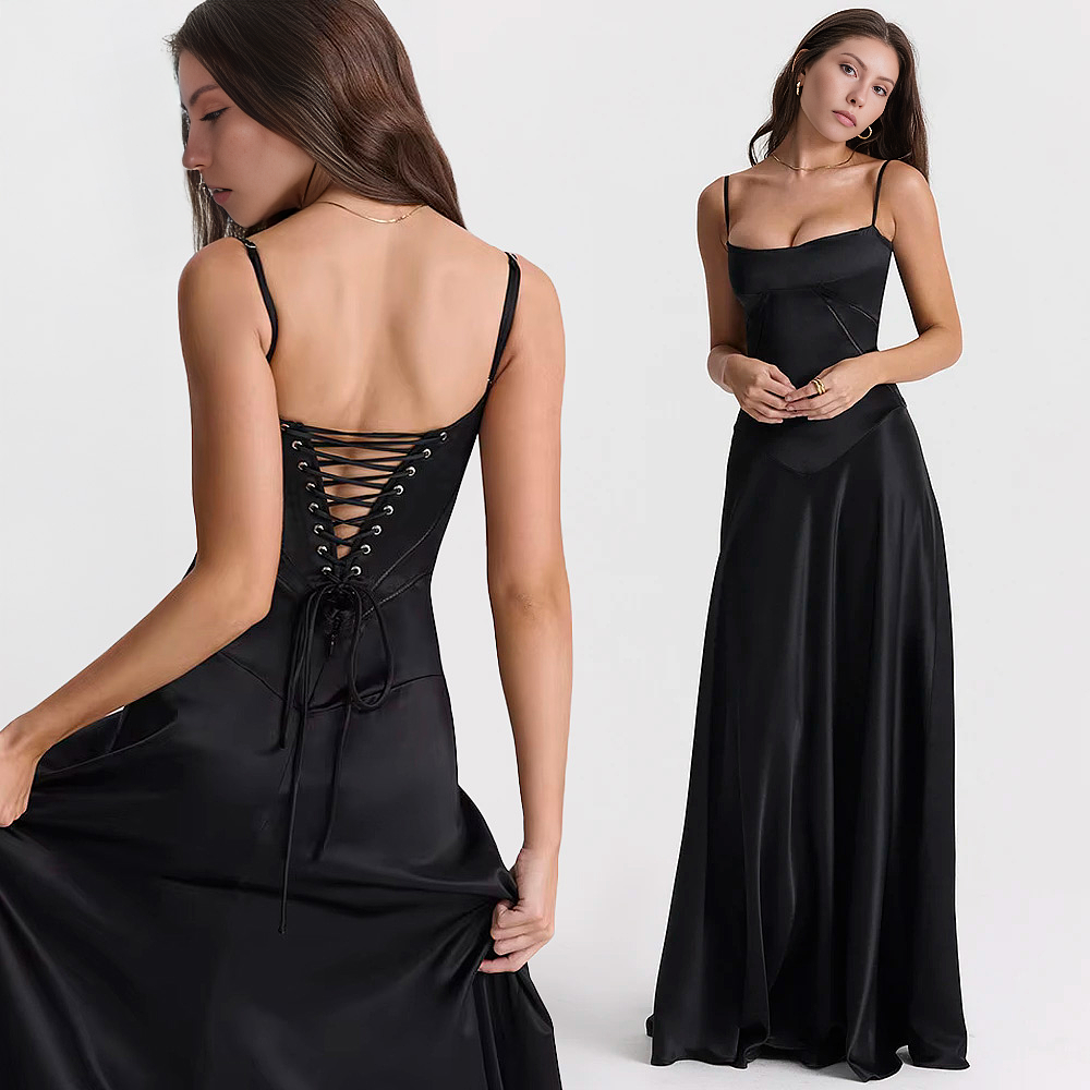 BLACK LACE-UP BACKLESS MAXI DRESS