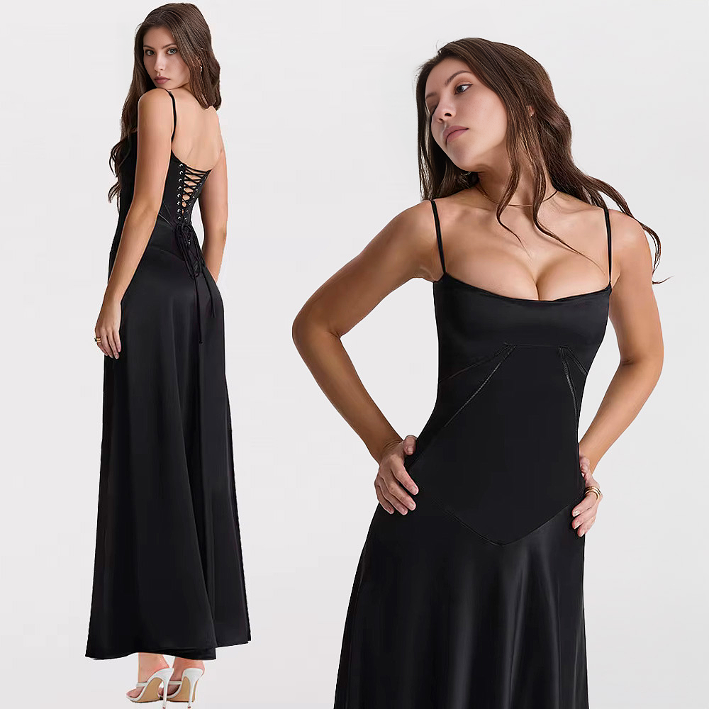 BLACK LACE-UP BACKLESS MAXI DRESS