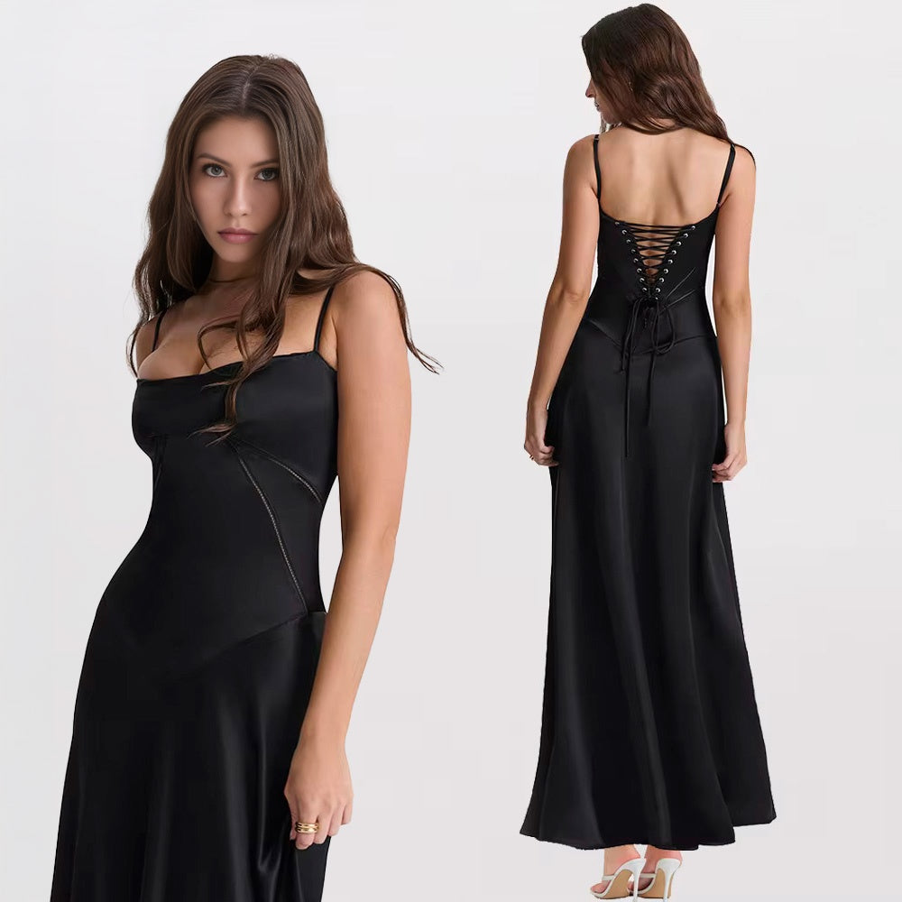 BLACK LACE-UP BACKLESS MAXI DRESS