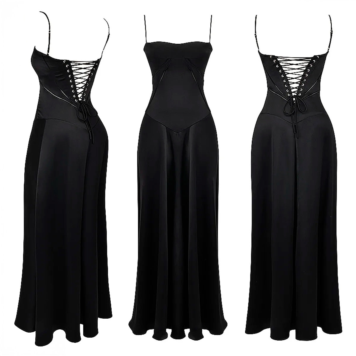 BLACK LACE-UP BACKLESS MAXI DRESS