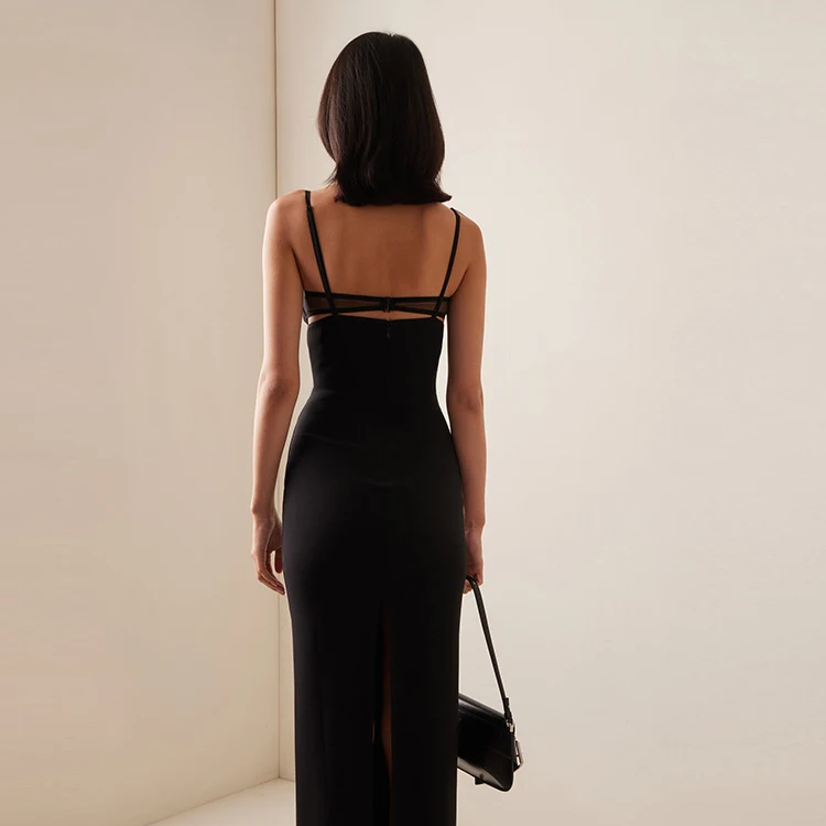 SPAGHETTI STRAP MESH HOLLOW OUT MAXI DRESS