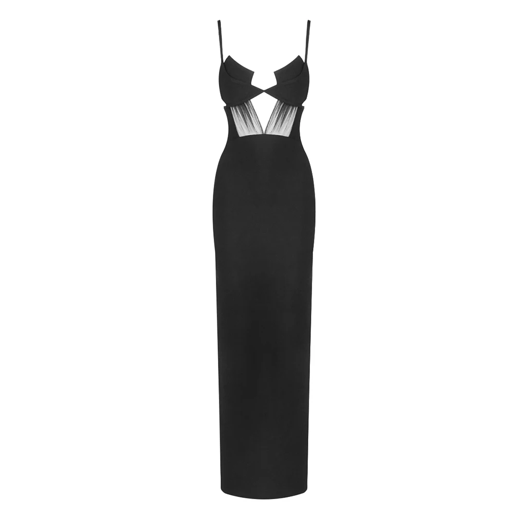 SPAGHETTI STRAP MESH HOLLOW OUT MAXI DRESS