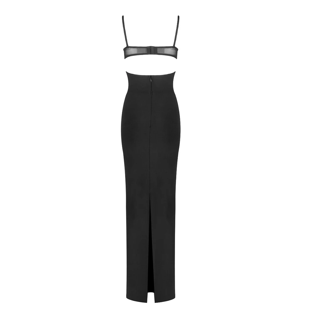 SPAGHETTI STRAP MESH HOLLOW OUT MAXI DRESS