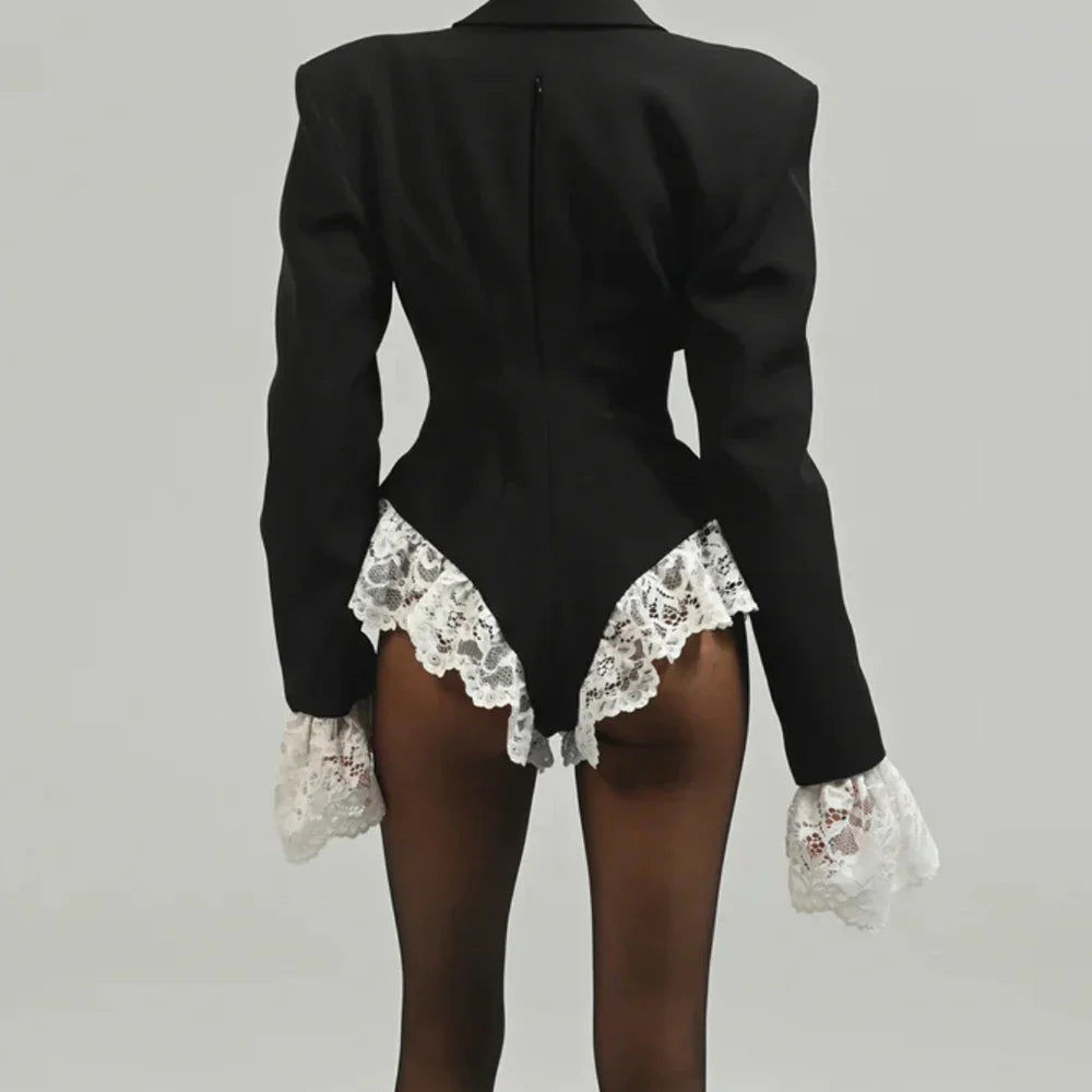 BLACK SPLICED JUMPSUIT BLAZER with RUFFLES