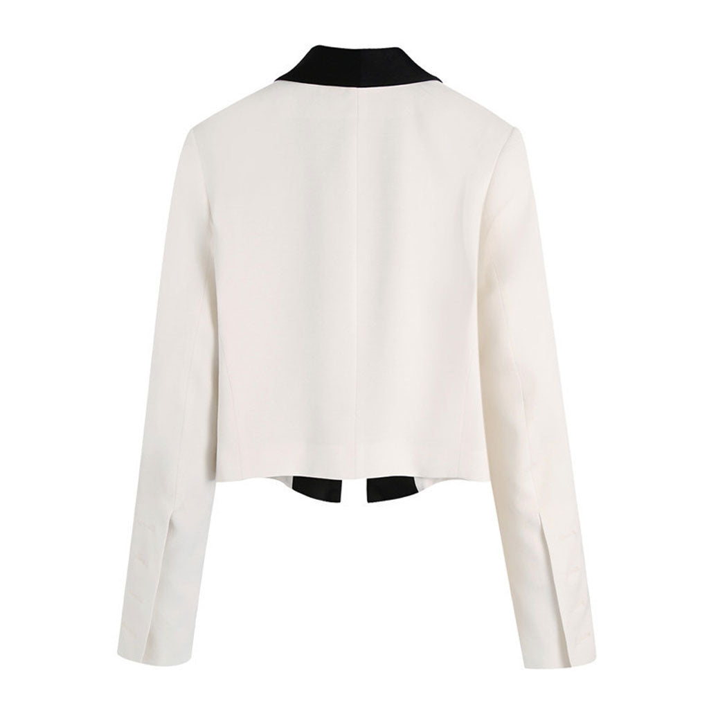 Chic Contrast Lapel Shawl Collar Shoulder Pad Cropped Blazer - White