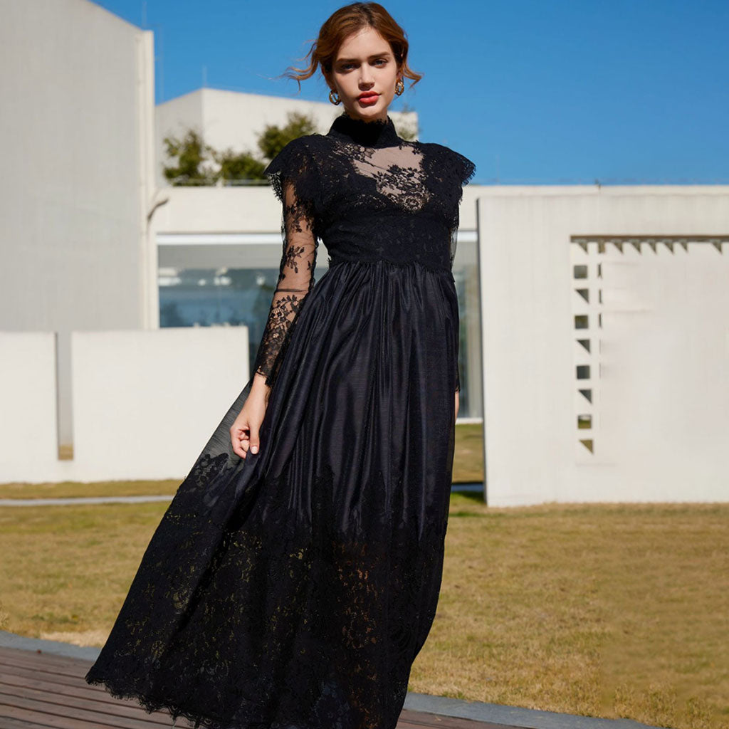 Classy Sheer Floral Lace Mock Neck Long Sleeve A Line Gown Maxi Dress El Merrist Store Classy Sheer Floral Lace Mock Neck Long Sleeve A Line Gown Maxi Dress El Merrist Store