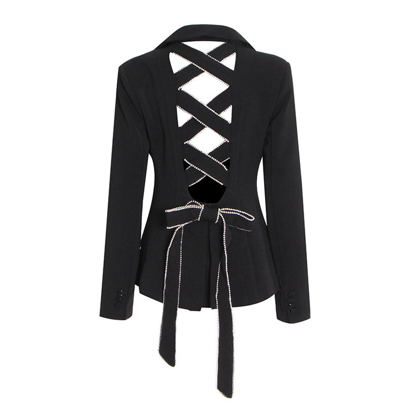 Crystal Bow Detail Criss Cross Cutout Single Breasted Peplum Blazer - Black