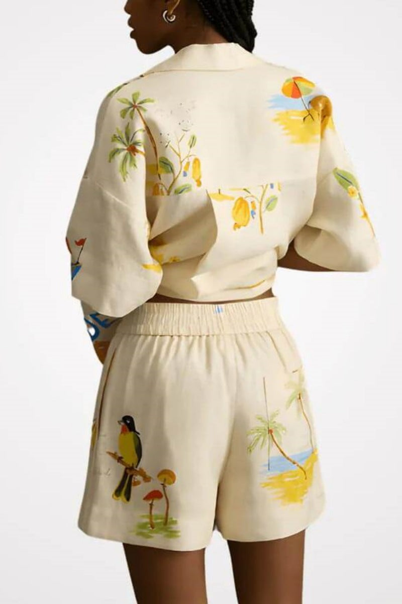 Unique Holiday Folk Floral Print Loose Shorts Two-Piece Set