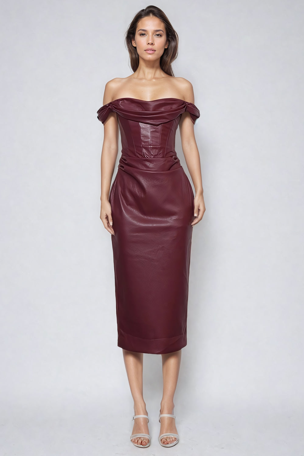 Off-Shoulder Leather Midi Dress - Burgundy