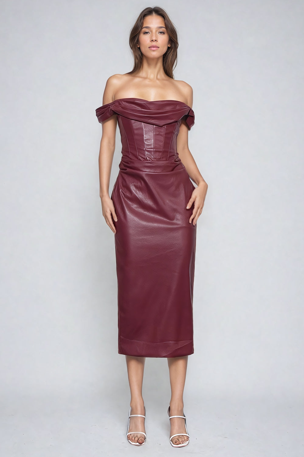 Off-Shoulder Leather Midi Dress - Burgundy